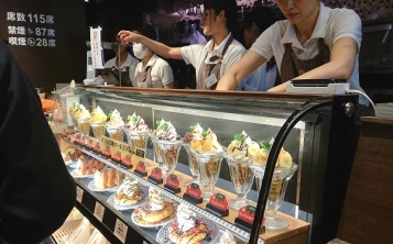 A showcase inside the café. While moving to the register along the showcase with replicas, customers make their order.